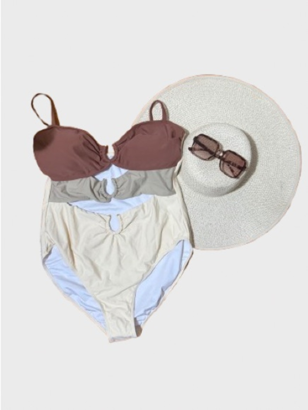 Tri-Tone One-Piece Swimsuit in Brown, Tan, and Cream